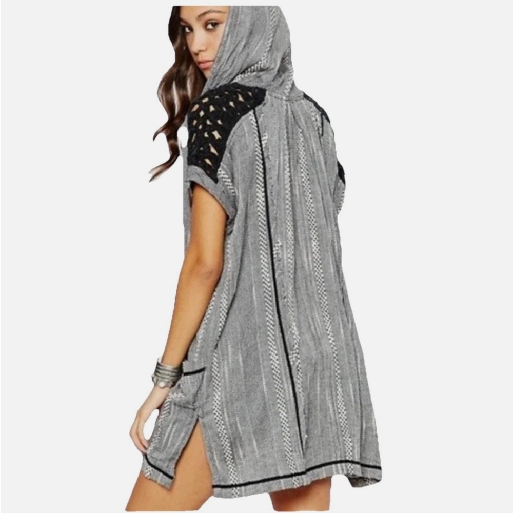 Free People Forever Yours Hooded Crochet Tunic Top  Boho Striped Weave Black L